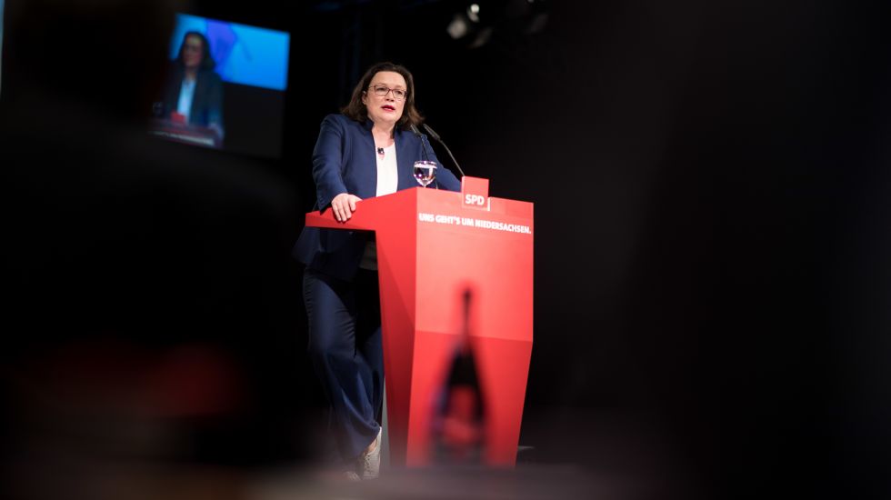 Andrea Nahles (SPD), Vorsitzende der SPD-Bundestagsfraktion und designierte Bundesvorsitzende, spricht auf dem Landesparteitag der SPD Niedersachsen.
