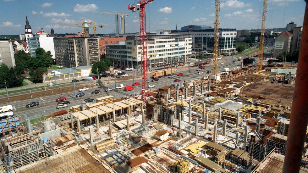 Blick aus der Vogelperspektive auf den sogenannten Moritzhof im Zentrum von Chemnitz