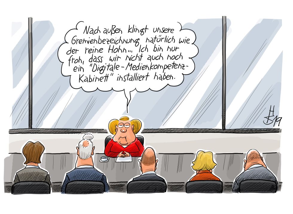 Merkel haelt im Klimakabinett eine Ansprache: Nach aussen klingt unsere Gremienbezeichnung natuerlich wie der reine Hohn... Ich bin nur froh, dass wir nicht auch noch ein "Digitale-Medienkompetenz-Kabinett" instaliert haben.