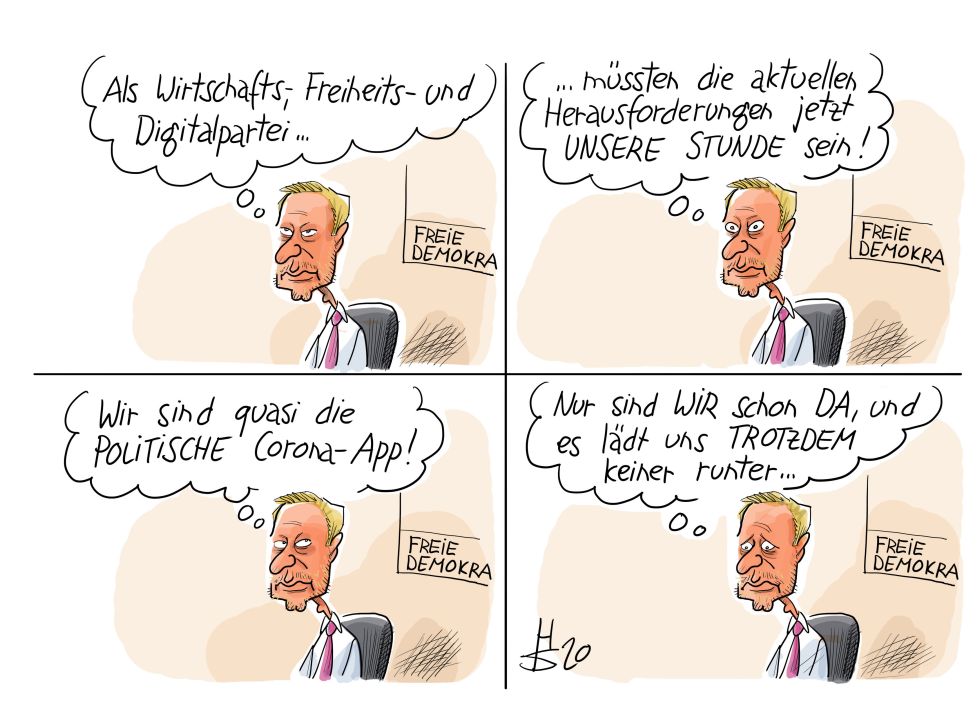 FDP-Chef Christian Lindner hält einen Monolog: „Als Wirtschafts- Freiheits- und Ditgitalpartei müssten die aktuellen Herausforderunen jetzt unsere Stunde sein. Wir sind quasi die politische Corona-App! Nur sind wir schon da, und es lädt uns trotzdem keiner runter ...“